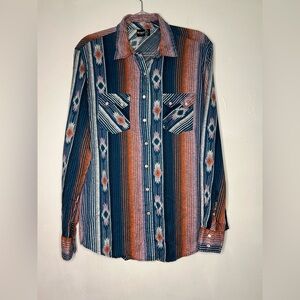 Women’s Striped Button-Up Shirt - Blue, Orange, and White Western